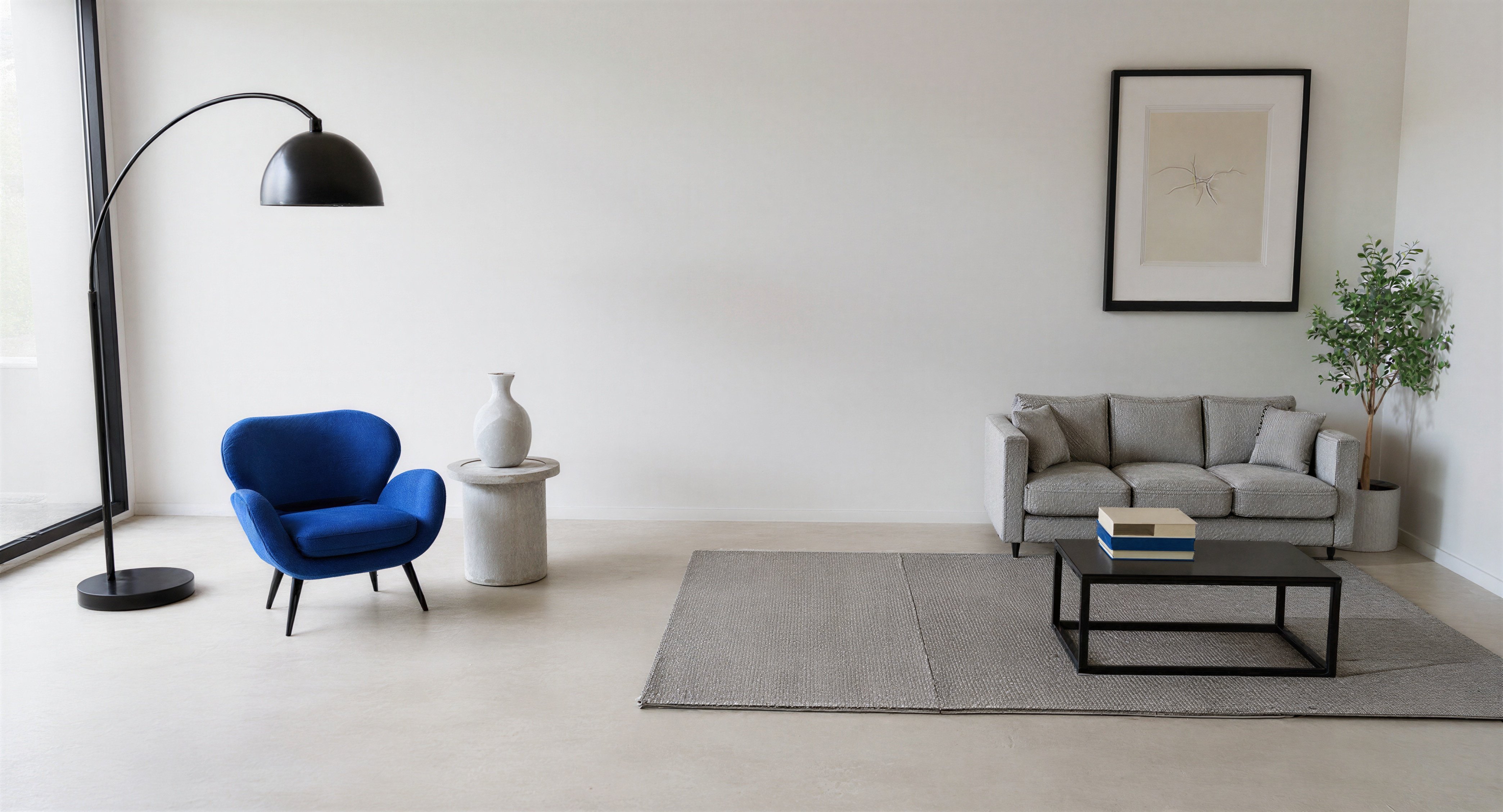 A bright gallery-white living room. Hover a furniture piece to view it in AR.